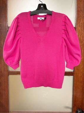 SUNCOO Hot Pink V-Neck Puff Sleeve Sweater